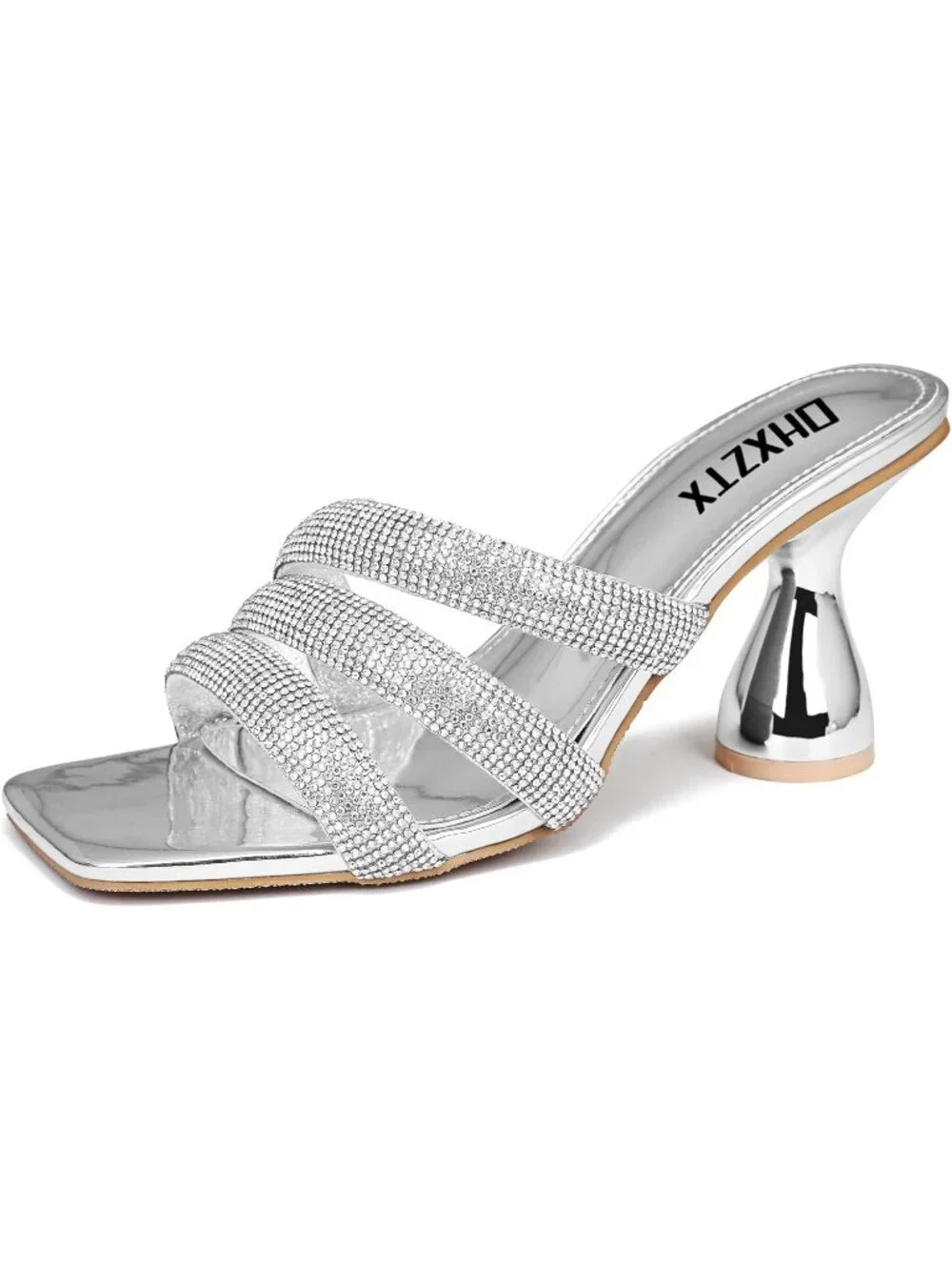 Women's Silver Rhinestone Square Toe Backless 3.15 IN Chunky High Heel Sandals